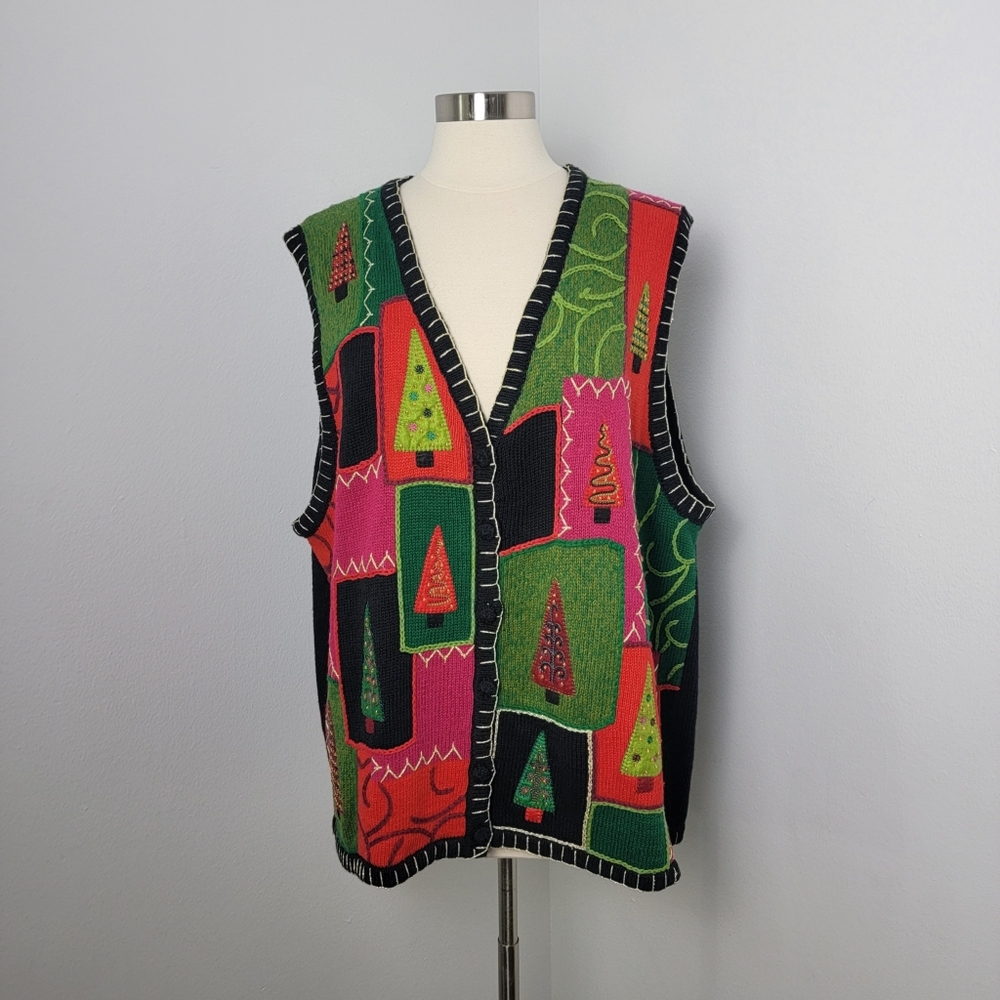 Vintage Y2K Plus Size Embroidered Christmas Tree Ugly Christmas Sweater Vest